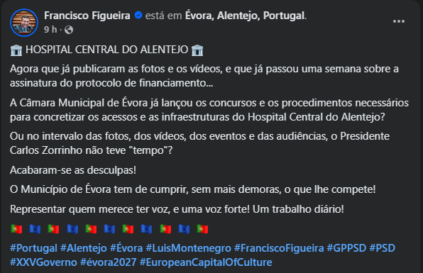 Após interação com publicação comunista sobre o hospital, Francisco Figueira endurece discurso e pressiona atual executivo de Évora.